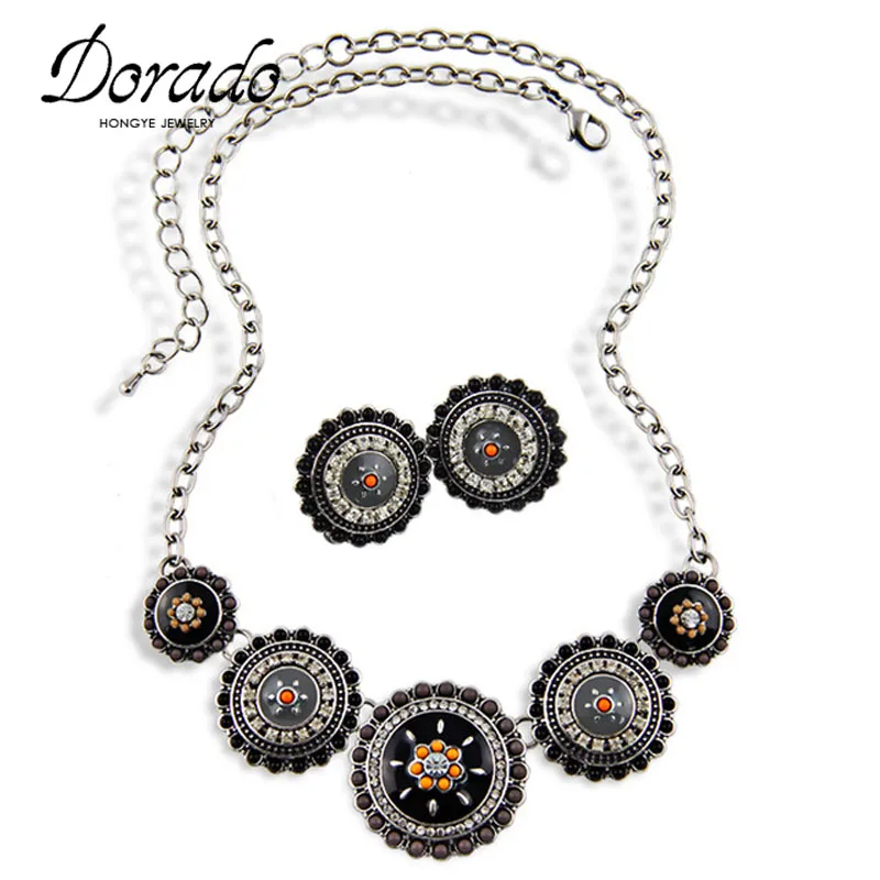 

Bohemia Style Jewelry Set For Women Ethnic Vintage Silver Color Link Black Enamel Beads Necklace Earrings Wedding Jewelry Sets