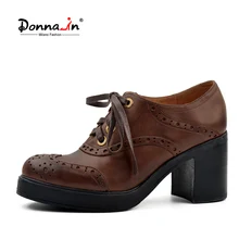 Donna-in retro carved genuine leather shoes women lace-up deep opening depth shoes platform thick high heel ladies shoes