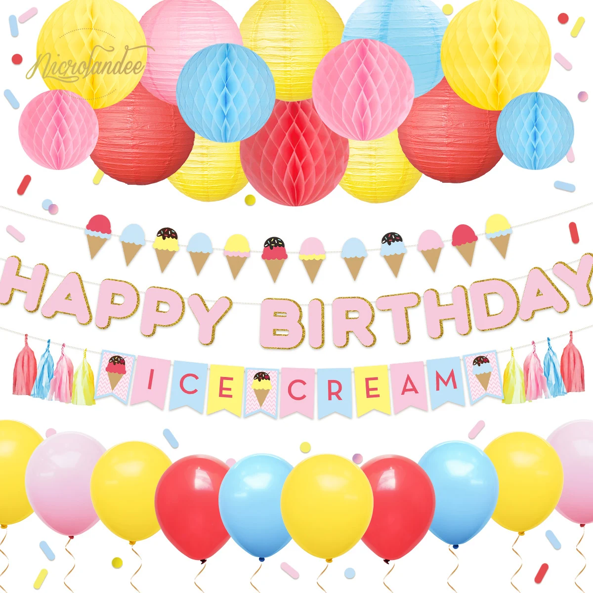 

NICROLANDEE Ice Cream Theme Kids Child Happy Birthday Summer Party Decor Kit Set Boy Girl New Home Party DIY Decoration