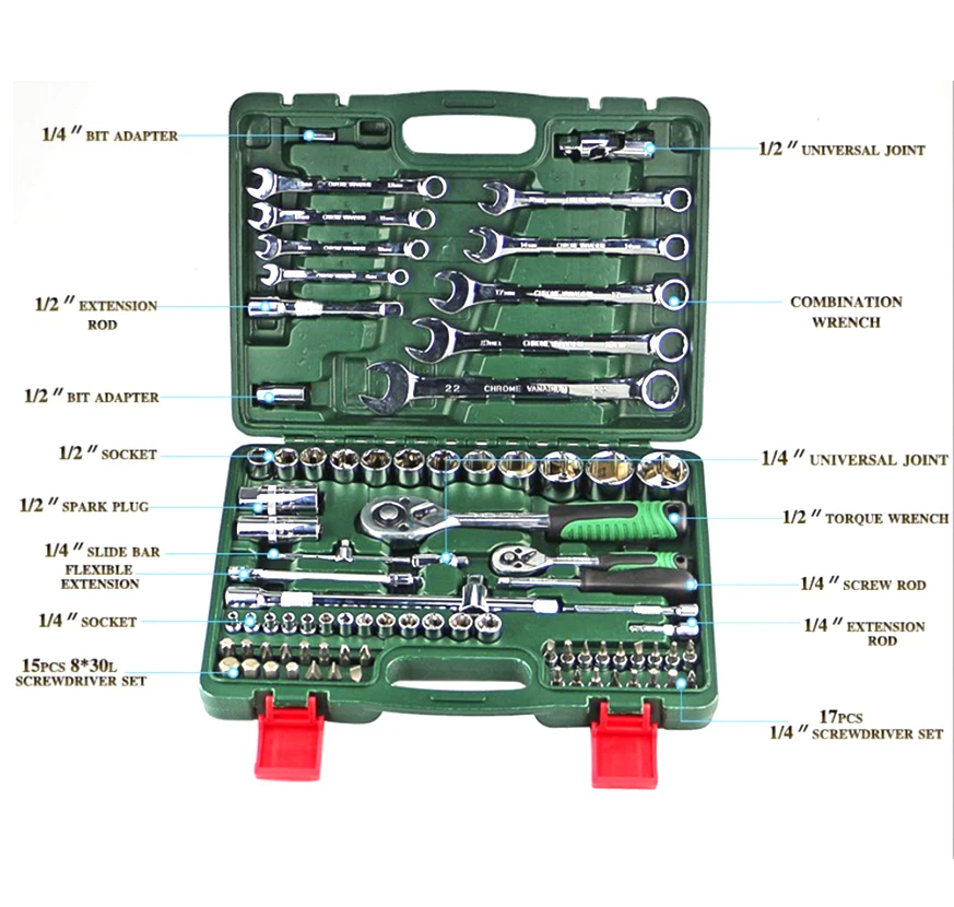 82 unids la combinación trinquete Llave de Torque 1/2 de reparación de automóviles, herramientas de mano para coche Kit de un juego de llaves DN105