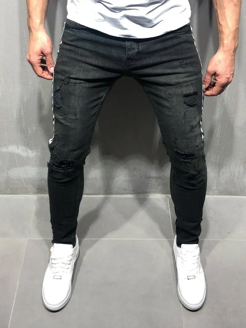 Мужские обтягивающие джинсы, трендовые джинсы с дырками на коленях и карманами на молнии, байкерские джинсы в стиле хип-хоп, потертые тонкие эластичные джинсы, потертые джинсы
