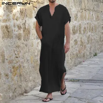 

100%Cotton Summer Men Casual Shirts Dress Short Sleeve V Neck Big Pockets Gown 5XL Vacation Beach Shirts Full Length Robe Male