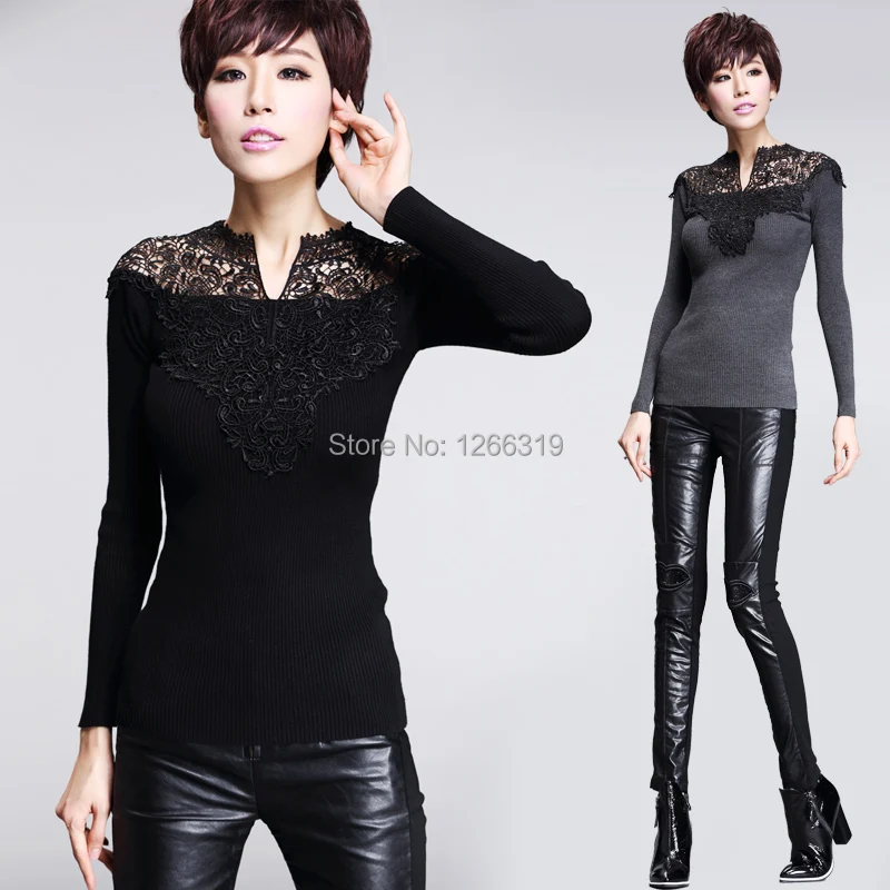 

New 2019 Spring Women's Knitwear Fashion V-Neck Tops Long Sleeve Lace Embroidery Sexy Sweater Hollow Out Women Sueter 1080