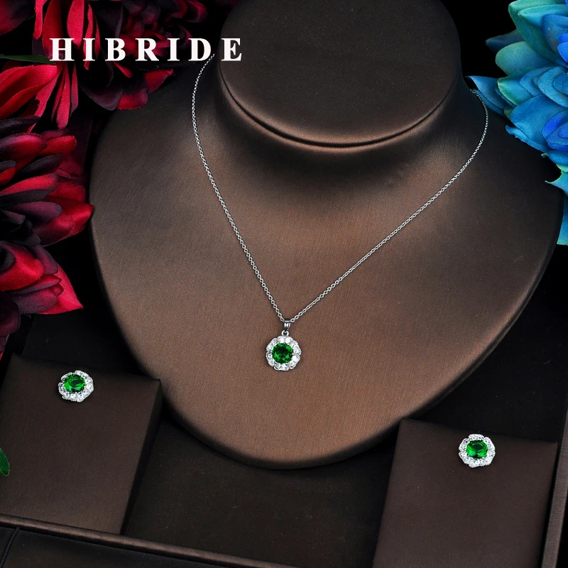 

HIBRIDE Simple Design Green Cubic Zircon Pendant Link Chain Jewelry Sets Earrings Sets Dress Accessories Birthday Gifts N-540