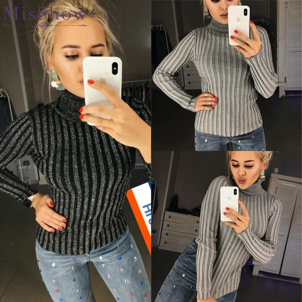

2019 Autumn Winter Knitted Turtleneck Striped Sweater Women Pullovers Basic Solid Pull Femme Chic Jumper Warm Female Sweaters