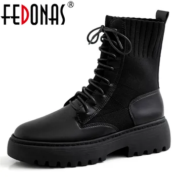 

FEDONAS Autumn Winter Warm Comfortable Women Ankle Boots Quality Genuine Leather Knitting Lace Up Short Boots Party Shoes Woman