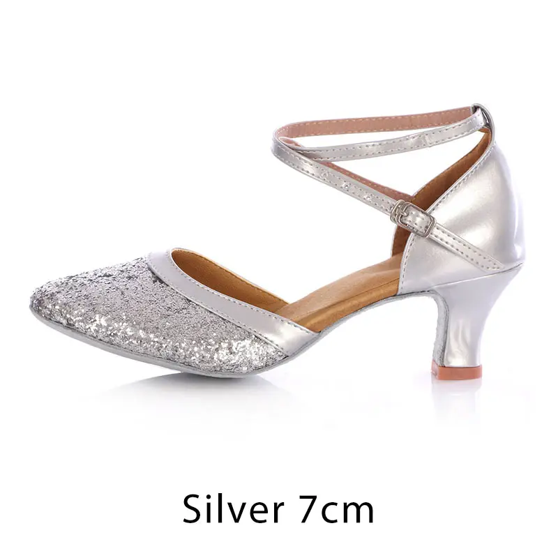 Обувь для латинских танцев, сальсы с закрытым носком для женщин/девочек, Каблук 5 см/7 см, танцевальная обувь для бальных танцев, танго,, танцевальная обувь для выступлений - Цвет: Silver2 7cm
