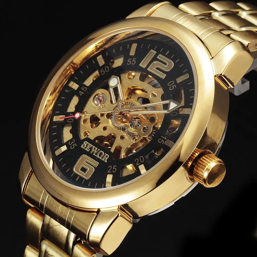 

Top Brand SEWOR Luxury Automatic Mechanical Men Wristwatches Hollow Gold Cut Skeleton Dial Stainless Steel Fashion Watch Gift