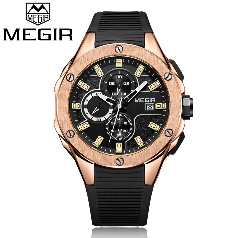 Лидирующий бренд, роскошные мужские спортивные часы MEGIR, хронограф, силиконовый ремешок, кварцевые военные часы с большим циферблатом, мужские часы, Relogio Masculino - Цвет: Rose gold