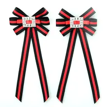 

Qiwen Ribbon Bow Brooches Square Rhinestone Inlay 12*29CM Long Ribbon Black Red Stripe Fabric Party Supplies Fashion Accessories