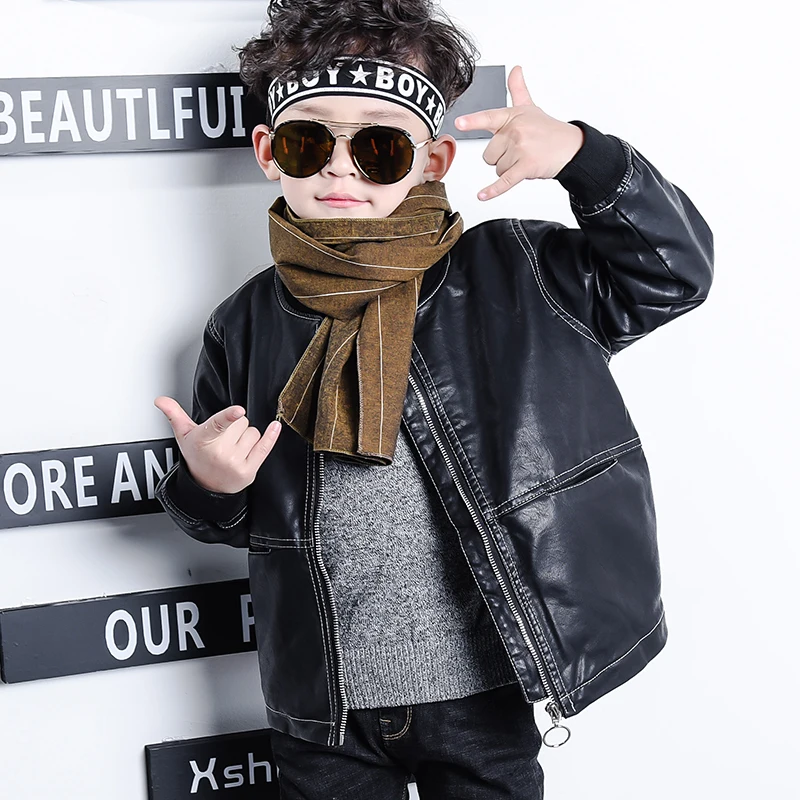 

3-9 years old children's pu jacket boys Solid color round neck vintage rough western style leather Cool Casual hot sale