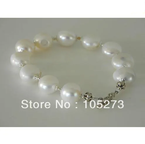 

New Arriver Pearl Jewelry White Color 13-14mm White Coin Shaper Natural Pearl Bracelet 8'' Fashion Wedding Jewelry Free Shipping