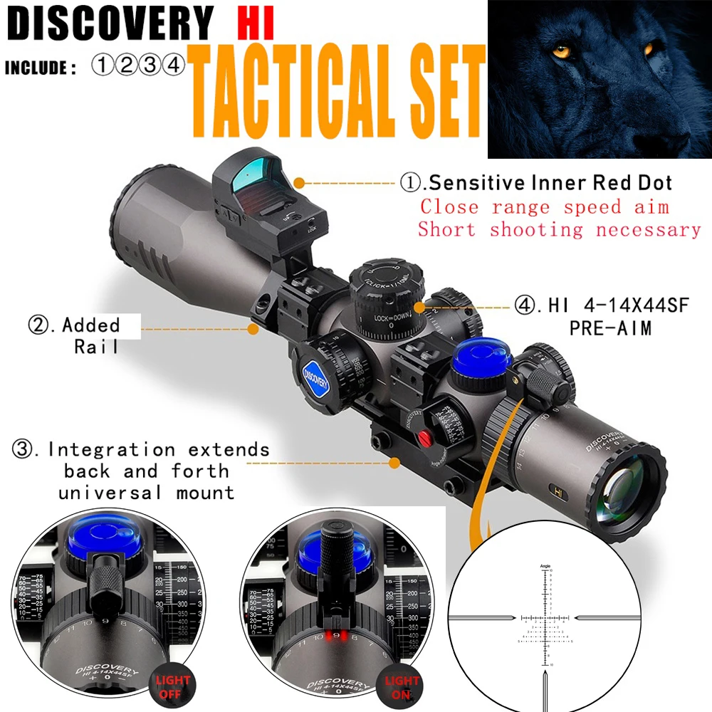 

New hot Discovery HI 4-14X44SF riflescopes Optical Sight and inner red dot For Hunting Collimator Sight Aim Scope night hunting