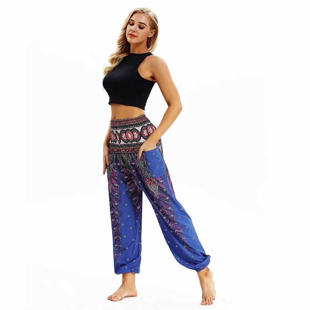 JIGERJOGER, винтажные синие Леггинсы для йоги, штаны для отдыха, шаровары в тайском стиле, свободные штаны, пляжная одежда, штаны для фитнеса