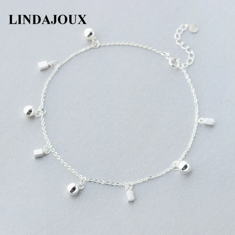 

925 Sterling Silver Fashion Small Bell and Square Charm Anklet For Women S925 Ankle Bracelet Adjustable Length