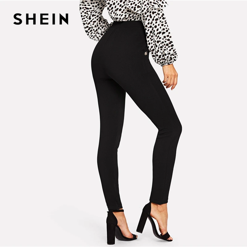 Goedkoop SHEIN Black Office Lady Elegante Solid Pocket Knop Detail Hoge Taille Skinny Wortel Broek Herfst Mode Werkkleding Vrouwen Broek