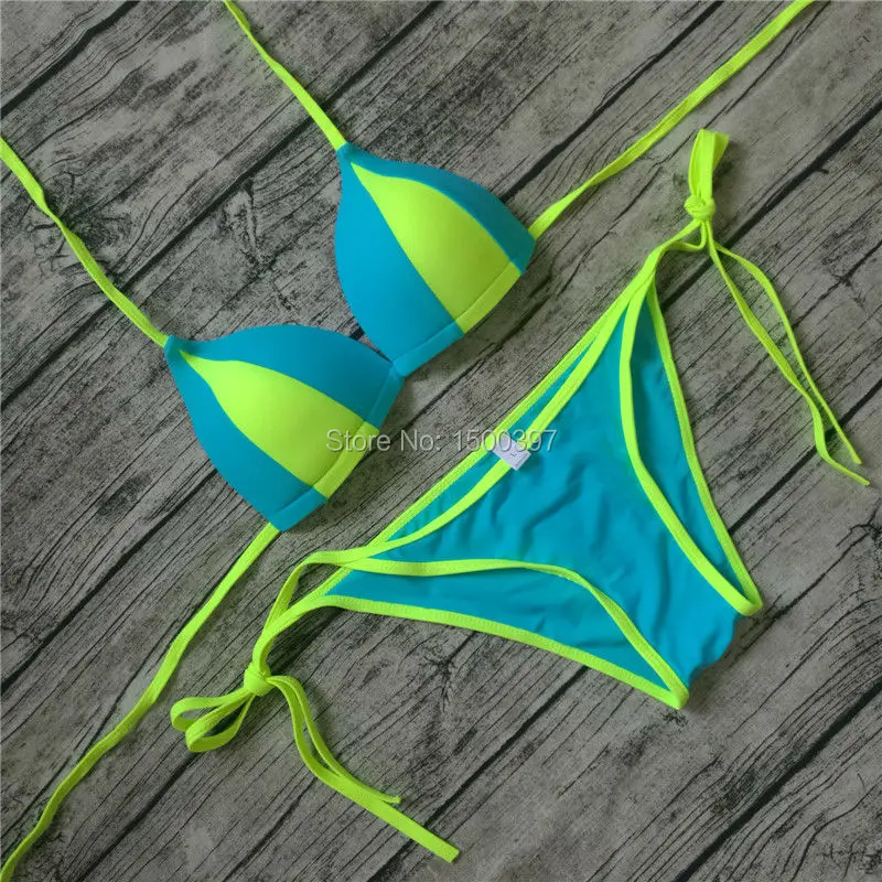 

Neon Yellow/Blue Patchwork Color Women Push Up Swimwear Brazilian Triangle Bikini Bandage Cheeky Swimsuit Feminino Biquinis