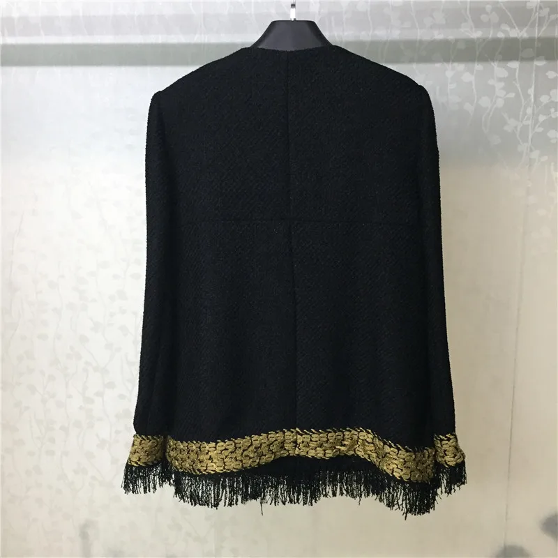 Automne Veste Pour 2018 Tweed Noir Manches Manteau Nouvelles Longues O Élégant Mode cou Femmes De ZIE5wwq
