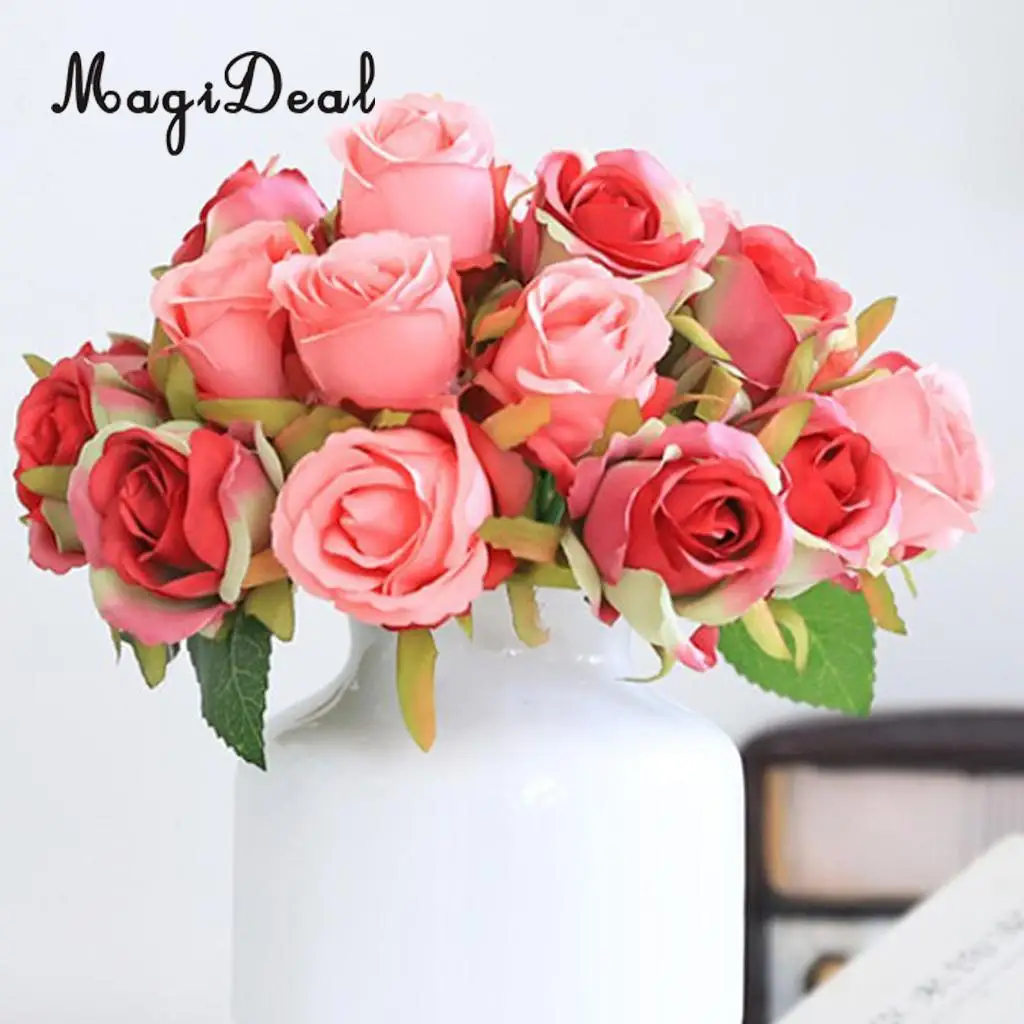 MagiDeal Artificial 12 Branch 25cm Rose Flower Bush Home Decor Wedding Floral Bouquet Potted Table Top Desk Centerpiece