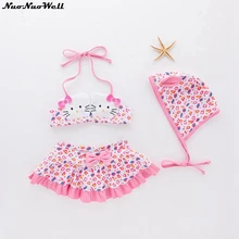 Детский розовый популярный весенний купальный костюм для девочек, купальный костюм с котом, стильный купальник на бретельках с бретельками, милый купальник из трех предметов с животными, пляжная одежда