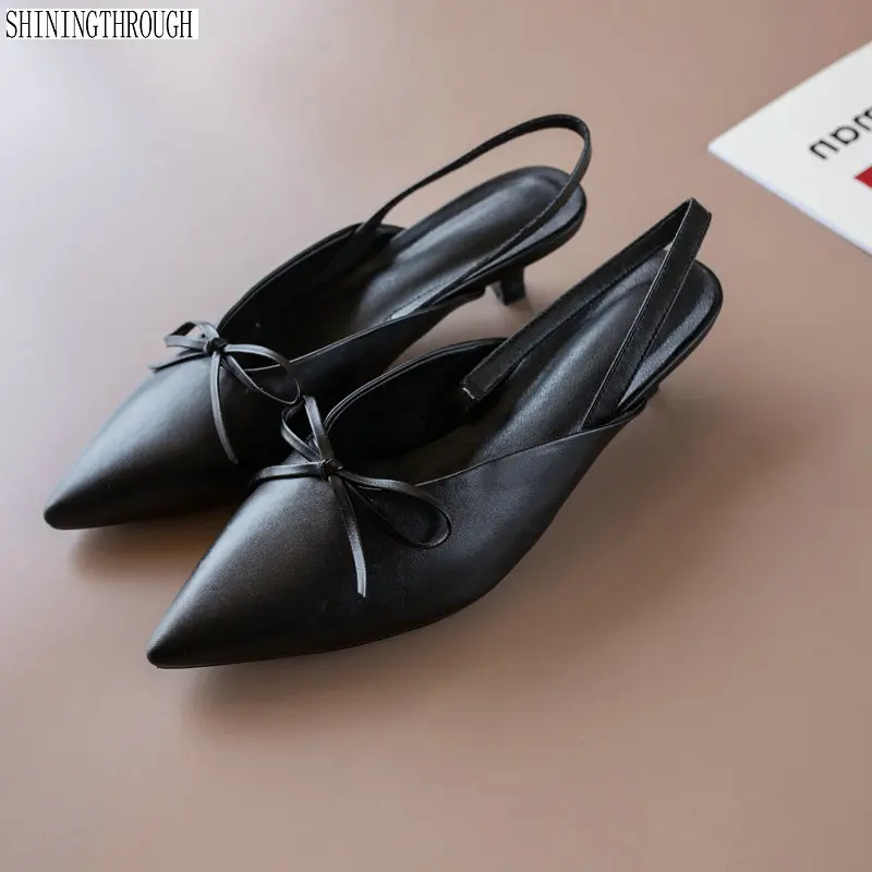 

Genuine Leather slingbacks women pumps poined toe bowties high heels summer shoes woman black white ladies shoes