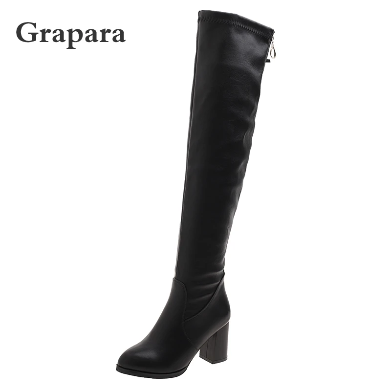 

Winter Boots Women Shoes Woman Long Boots Pu Leather Thigh High Boots High Heel Slip on Zip Black Over The Knee Boots Grapara