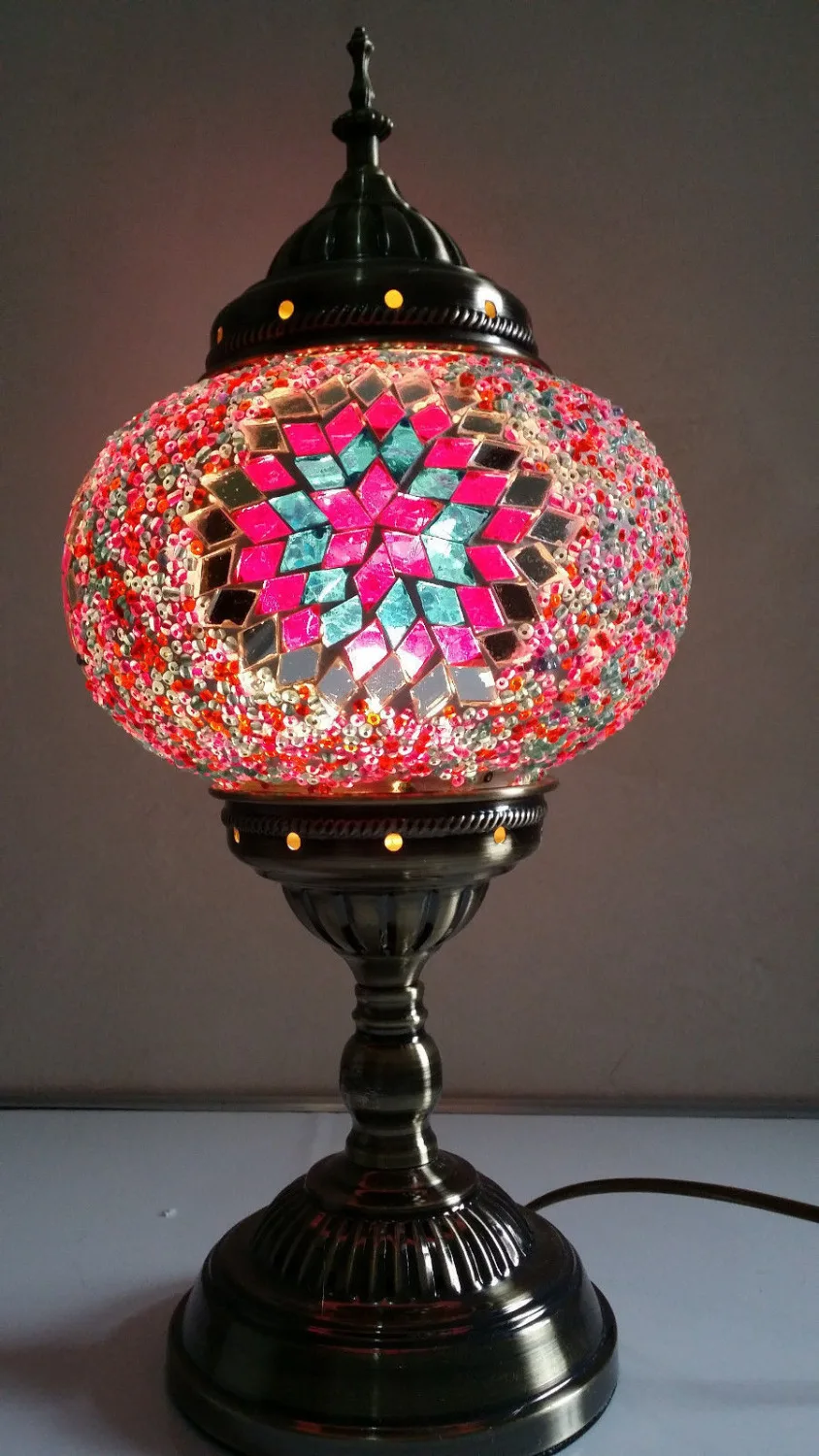 Turkish Moroccan Handmade Mosaic Red Stained Glass Table Lamp Hand