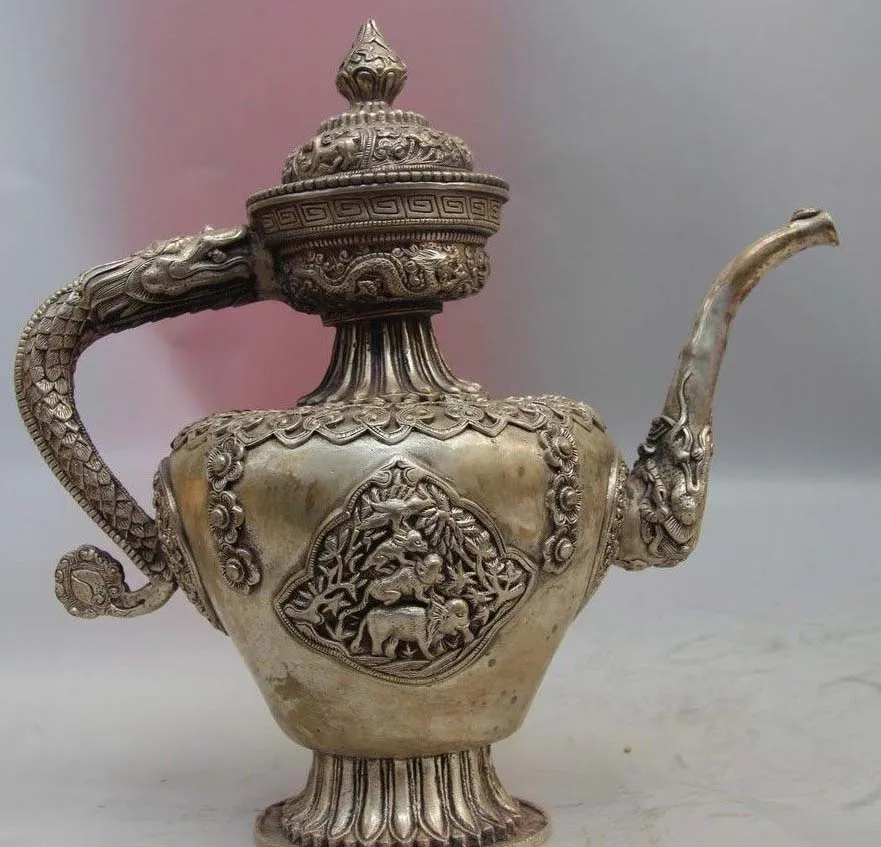 

China White Copper Silver Dragon Elephant Monkey Bottle Flagon Wine Pot Teapot