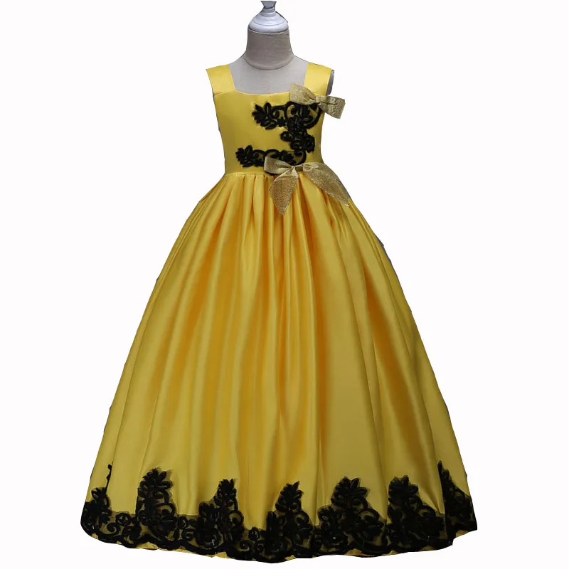 

2019 New princess Dresses Floor Length Satin Ball Gown Yellow Scoop Infant Girl Pageant Christmas Dresses 3 6 8 10 12 14 years