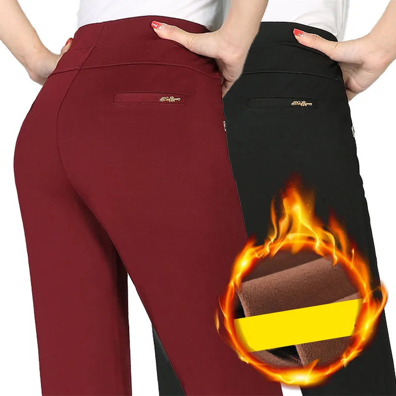 Женские зимние плотные теплые штаны для среднего возраста, женские эластичные Капри с высокой талией, бархатные повседневные эластичные брюки размера плюс 4XL