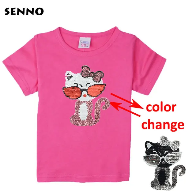 Double Sided Sequin Flash Glitter T-Shirts For Girls Sequins T Shirt Girls Cartoon Cat Kids Tshirt Summer Teen Clothes For Girls Ivory