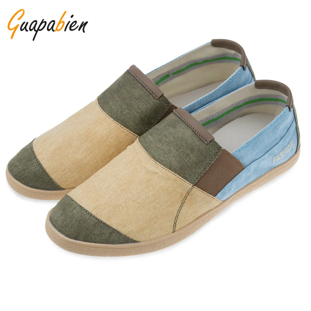 

Guapabien Male Color Block Denim Round Toe Slip On Casual Breathable Canvas Shoes Light Breathable Flats Men