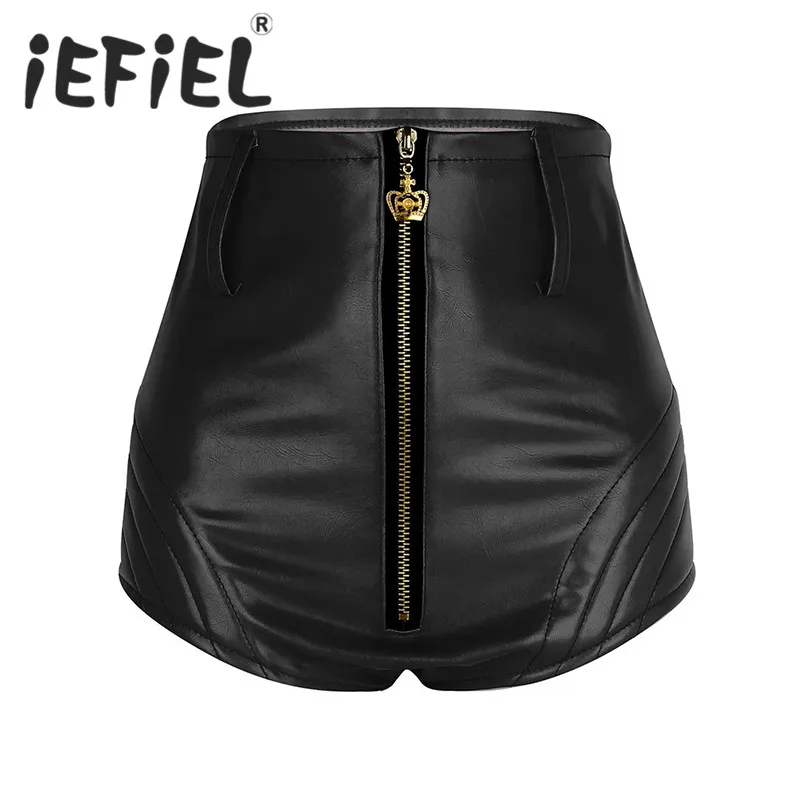 

Fashion Women Wet Look Front Zipper High Waisted Booty Shorts Bottoms with Belt Tight Shorts for Nightclub Costume Party Clothes