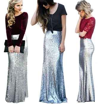 

2018 Women Long Sequined Skirt Sexy Vintage Women Trumpet Solid High Waist Ladies Party Club Mermaid Pencil Skirts Floor-length