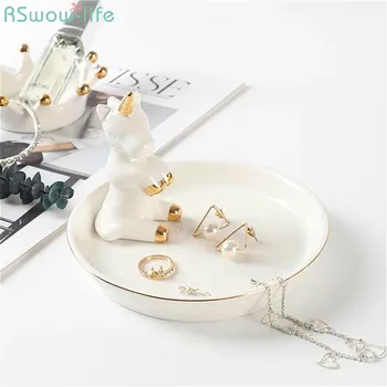 

Unicorn European Jewelry Tray Small Ring Receiving Box Rack Simple Nordic Creative Ceramic Key Porch Decoration Platter DishCute
