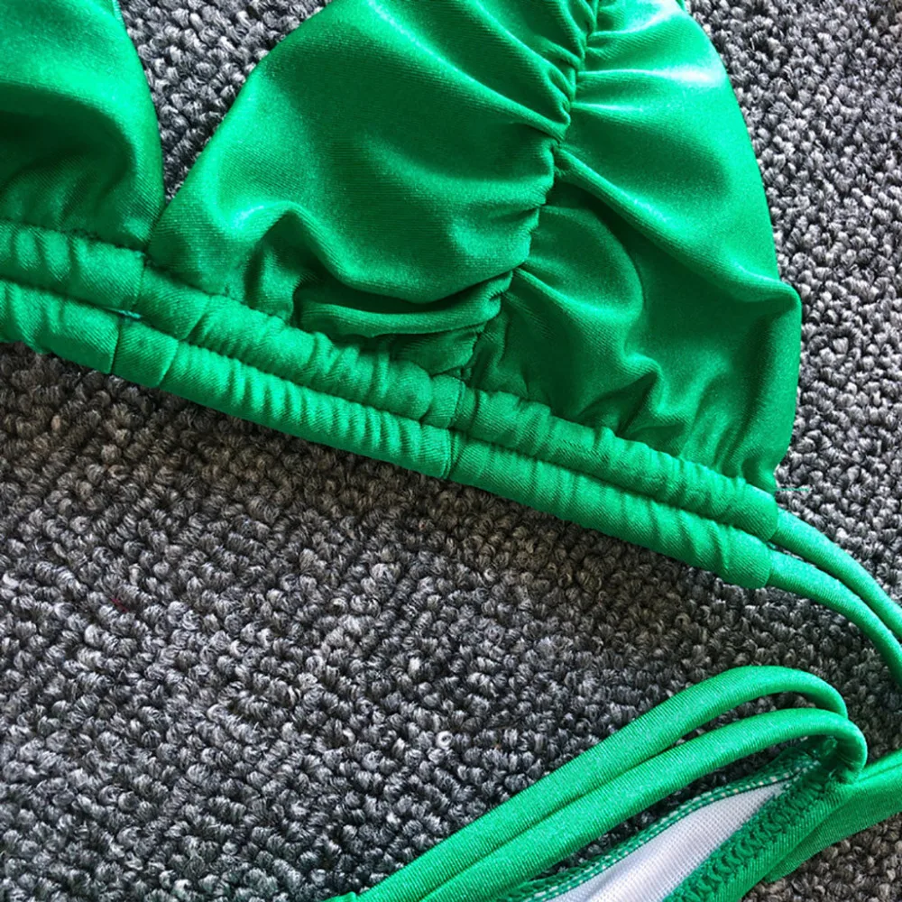 2019 Women's Solid Color Fluorescent Pleated Triangle Bag Swimsuit Bikini Set sexy swimwear push up bikinis mujer brasile 40M30 (8)