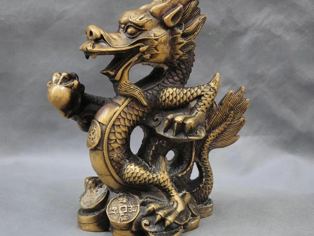 

9'' China Fengshui Zodiac Year Dragon Carve "Word Bronze Statue