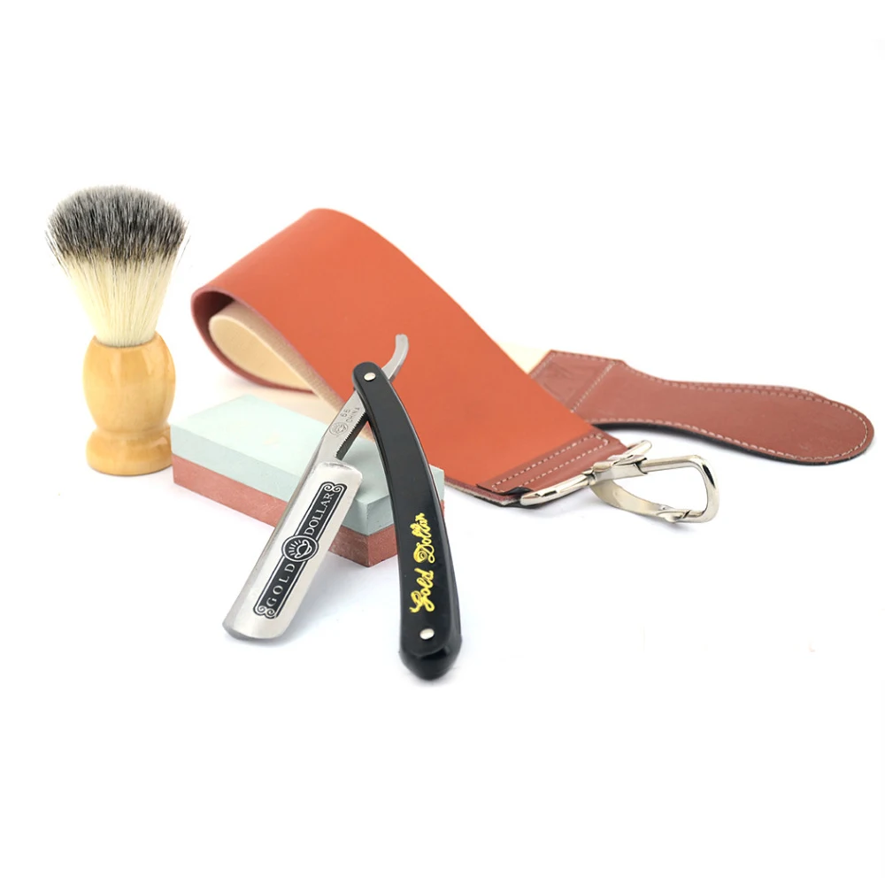 Gold Dollar Straight Shaving Razor Set Leather Sharpening Strop Whetstone Stone Shave Beard