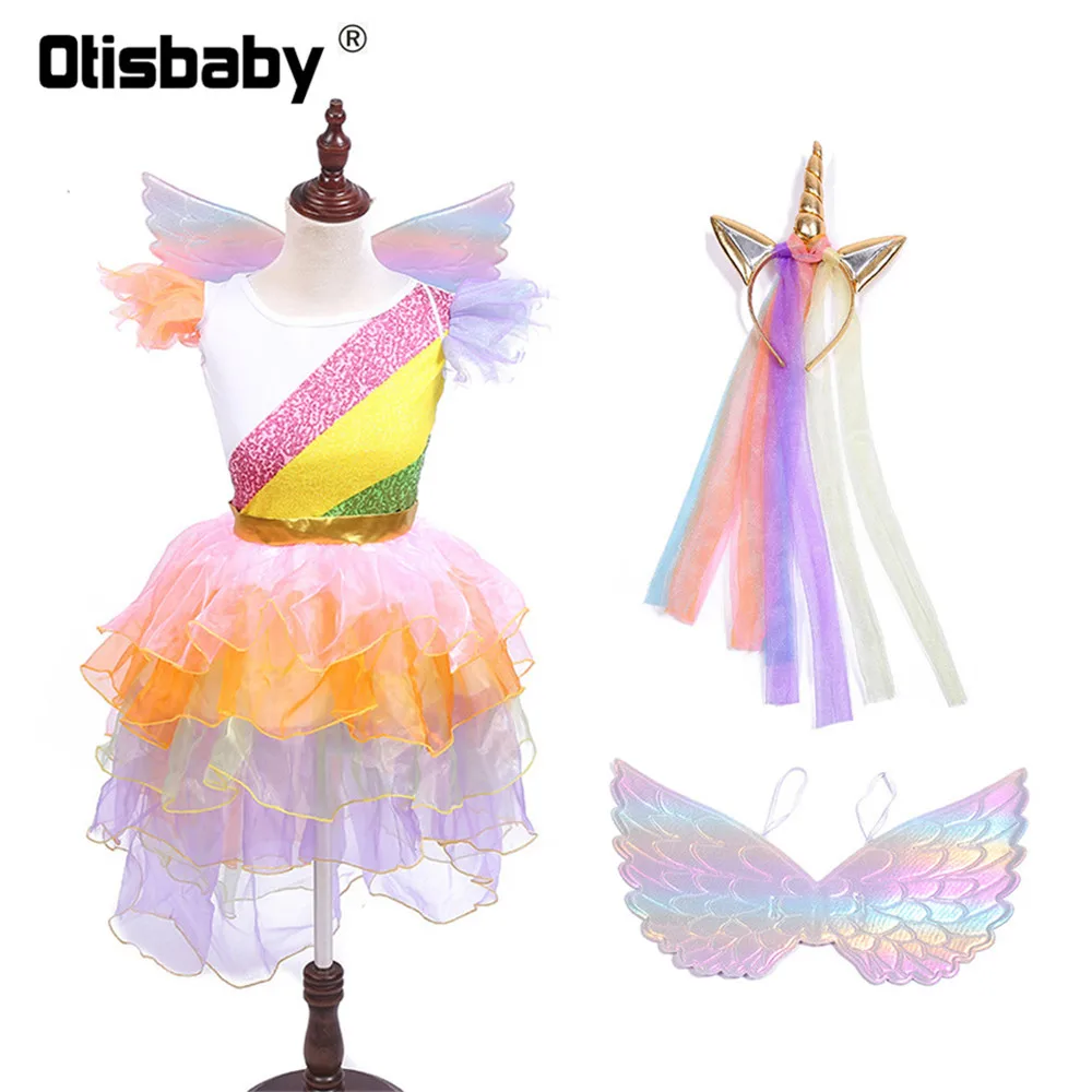 Платье с единорогом для девочек; Детские вечерние радужные платья-пачки с рукавами-крылышками для танцев; Детский карнавальный костюм из тюля на Рождество - Цвет: B
