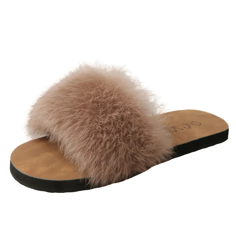 Summer Women Ladies shoes Slip On Slider Fluffy Faux Fur Flat New Fashion Female Casual Slipper 