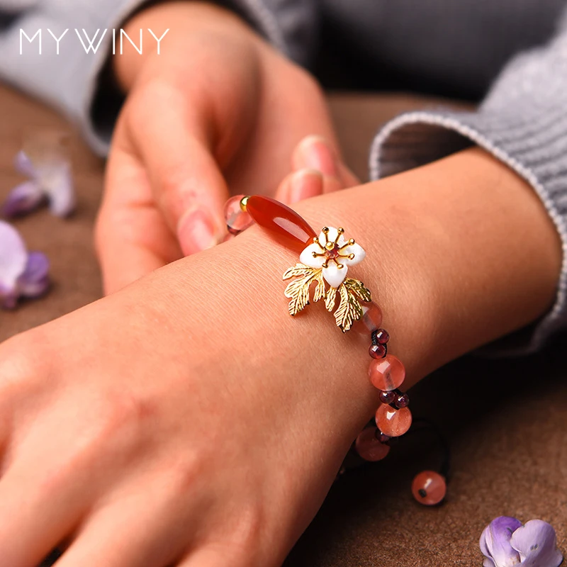 

Shell leaf Natural red garnet bracelet, Luxury pink watermolen crystal bracelet ,handmade Natural stones flower vintage