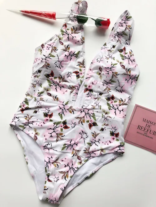 2017 Floral Printed V Neck One Piece Swimsuit Bathing Suit Beachwearin