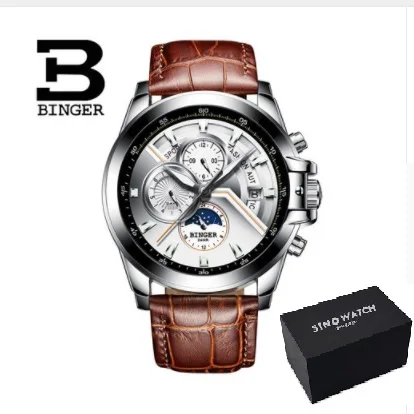 Leather brown silver Швейцарские автоматические механические часы для мужчин Бингер спортивные мужские s часы для плавания наручные часы водонепроницаемые relogio masculino - Цвет: Leather brown silver