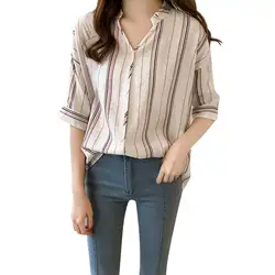 SAGACE блузки женские 2019 плюс размер женские хлопковые льняные с v-образным вырезом полосатые с коротким рукавом повседневные рубашки Блузки