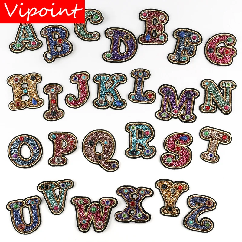 

embroidery beaded letter patches,crystal rhinestone badges,diamond alphabet appliques,pearl sequined patch for clothing B29
