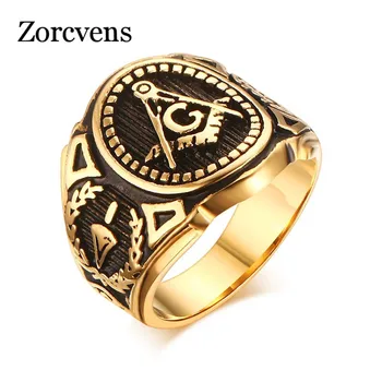 

ZORCVENS Gold-Color Retro Ring Men Masonic Symbol Stainless Steel Vintage Ring