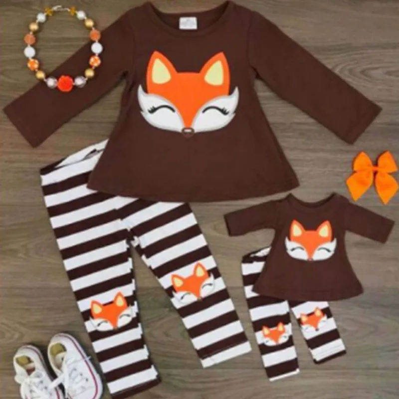 

Toddler Girl Clothes Set Cartoon Fox Head Print Long Sleeves Striped Trousers 2 PC T-shirt + Pants Easter Outfit Baby Suit