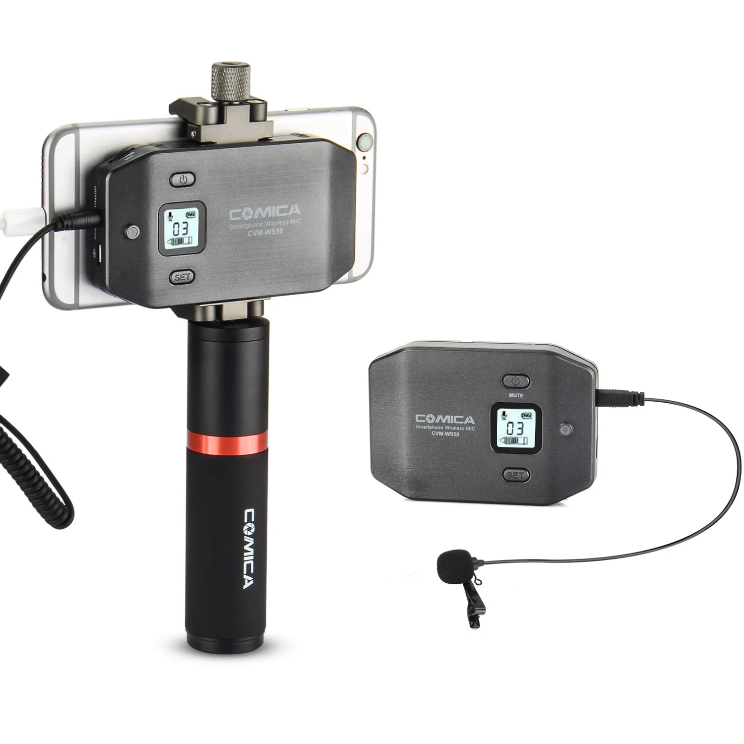  Comica CVM-WS50(B) Wireless Lavalier Microphone External lapel Mic with Handle Grip for iphone Came
