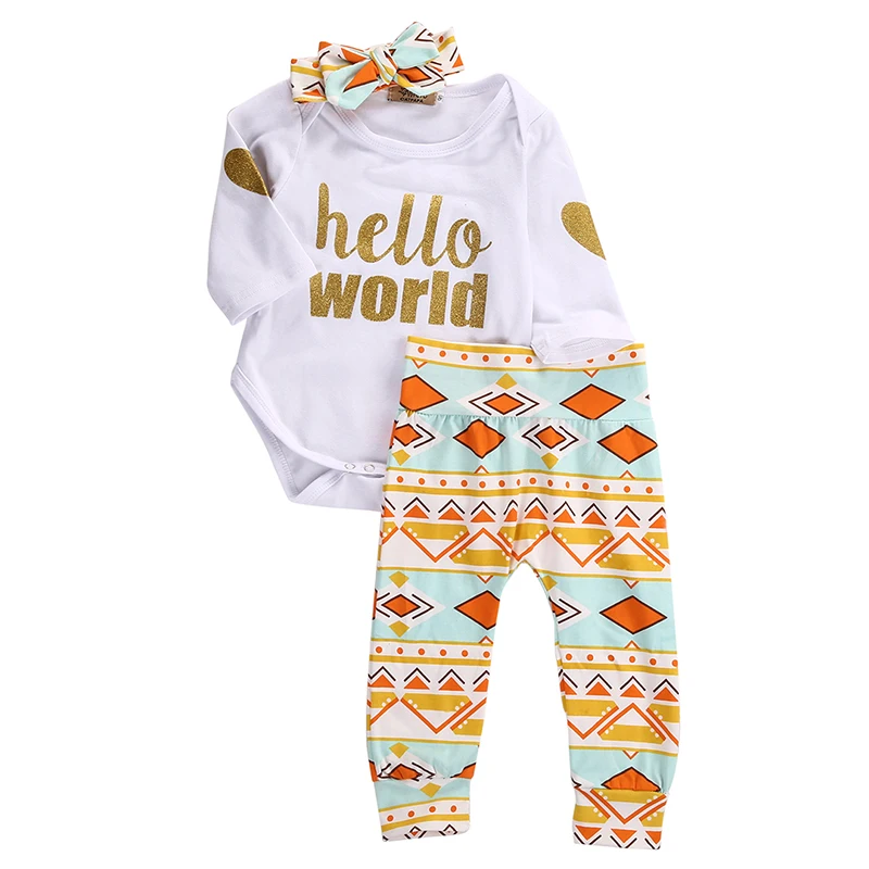 

0-18M Newborn Baby Girls Clothes Cute Infant Bebes Hello World Long Sleeve Bodysuit Romper + Flower Pant +Headband 3pcs Outfit