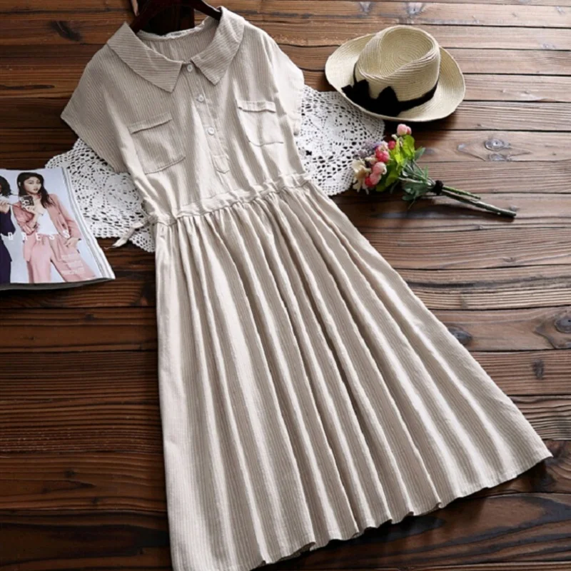 

Mori Girl Summer Women Cotton Linen Dress Peter Pan Collar Striped Female Vestidos Short Sleeve Elegant String Dress S-2XL